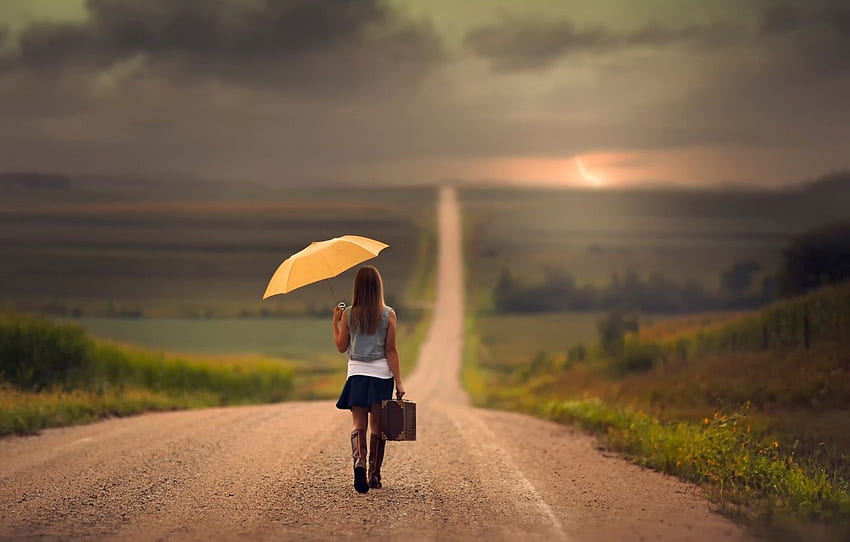 road, girl, the way, umbrella, space, girl, suitcase, care for , section ситуации HD wallpaper