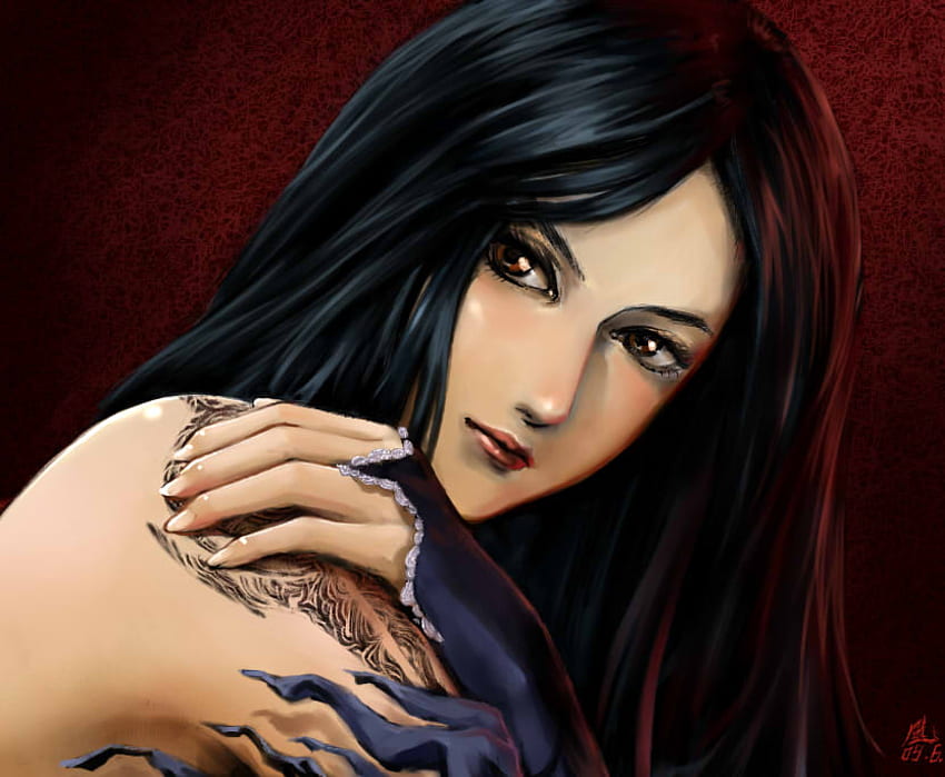 Castlevania: Orden de Ecclesia, Castlevania, tatuaje, ojos rojos, niña, cabello negro, cabello largo, orden de Ecclesia, videojuego, videojuegos, juego, shanoa, femenino fondo de pantalla