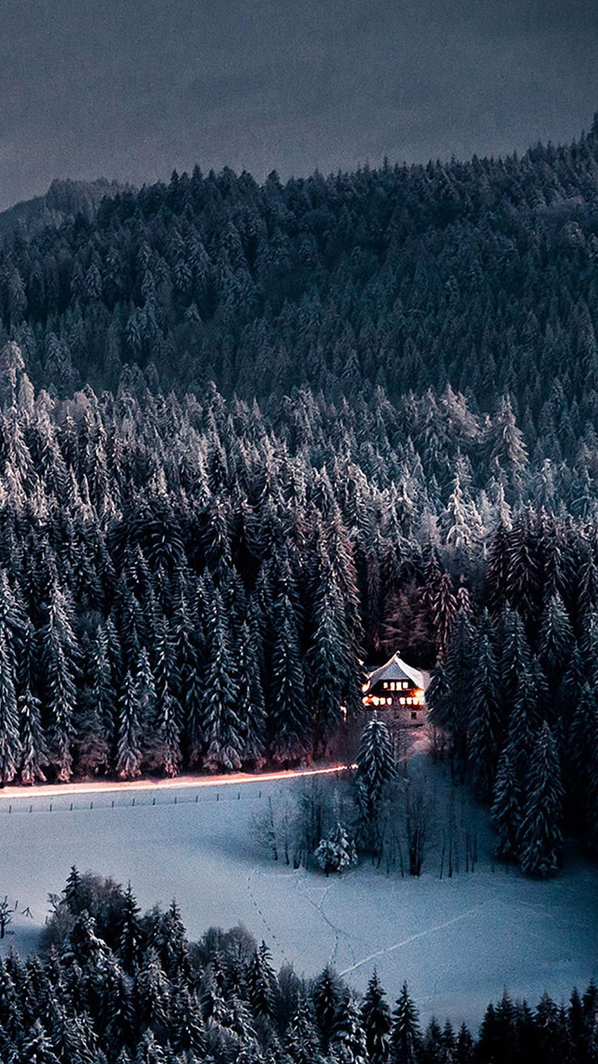 Retiro de chalet en el bosque nevado de invierno fondo de pantalla del teléfono