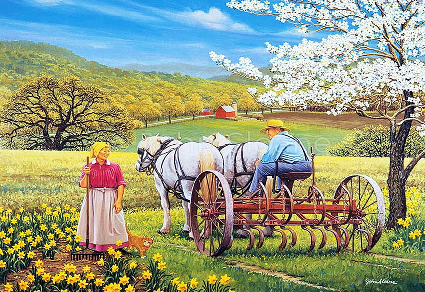 Happy Hearts, horse, blossoms, man, fields, spring, tree, cart, woman, painting HD wallpaper