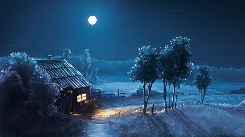 Opera d'arte pittura natura notte casa luna. . 1074860. SU Sfondo HD
