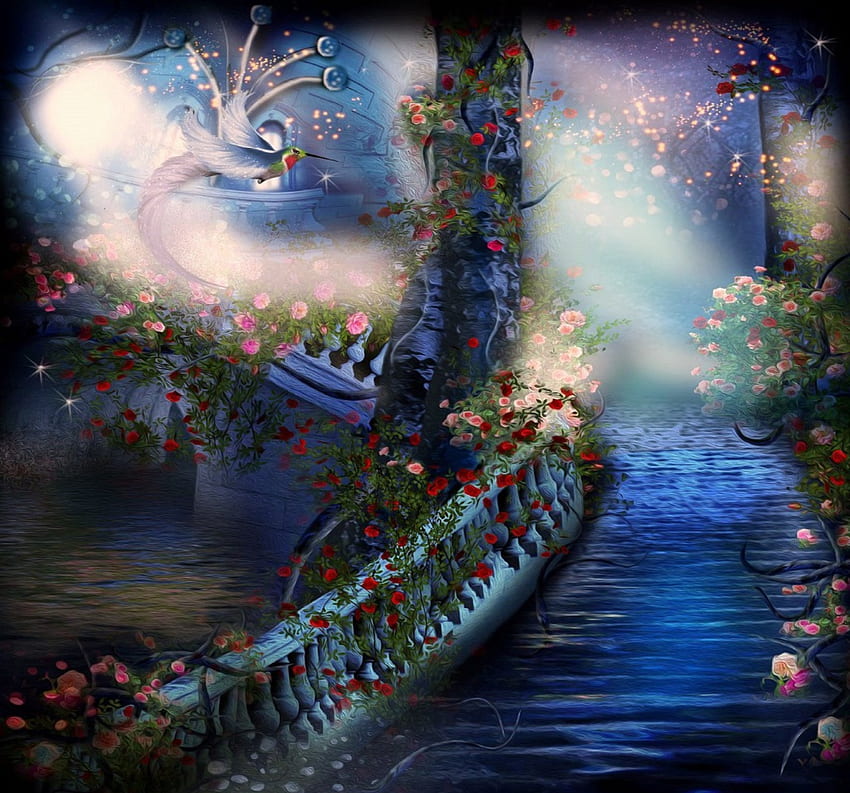~Blue Stairs in the Garden~, blue, birds, colors, stairs, trees, stunning, stock , roses, exterior, resources, attractions in dreams, beautiful, premade BG, creative pre-made, love four seasons, ivy, nature, flowers HD wallpaper