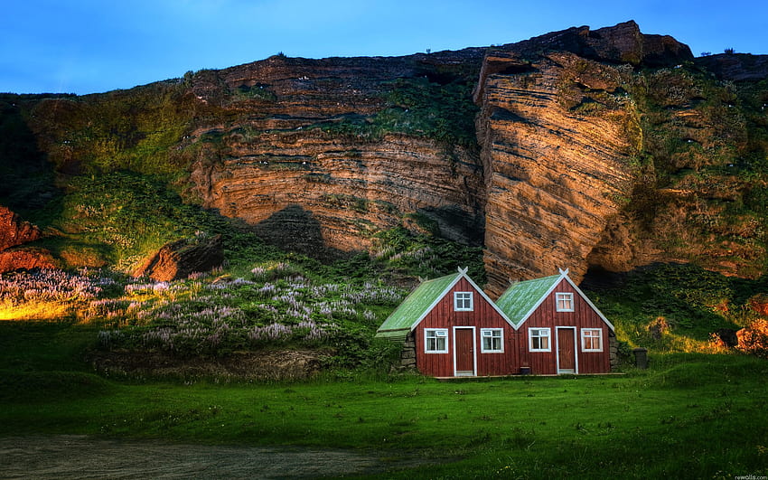 Alam, Rumah, Batu, Gunung, Kilau, Cahaya, Islandia, Padang Rumput, Rumah Kecil Wallpaper HD