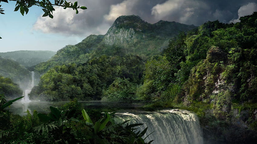 Водопад в тропическите гори, водопад в джунглата HD тапет