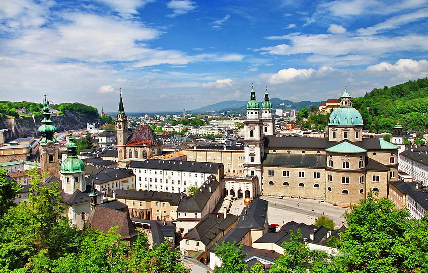 greens, clouds, trees, the city, building, home, Austria, Salzburg HD wallpaper