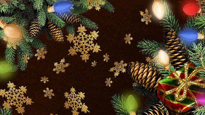 Encienda las luces, paquete, feliz navidad, abeto, oro, regalo, copos de nieve, regalos, luces, navidad fondo de pantalla