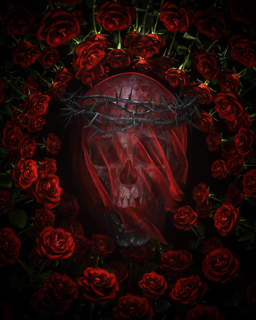 Crânio e rosas, obras de arte Papel de parede de celular HD
