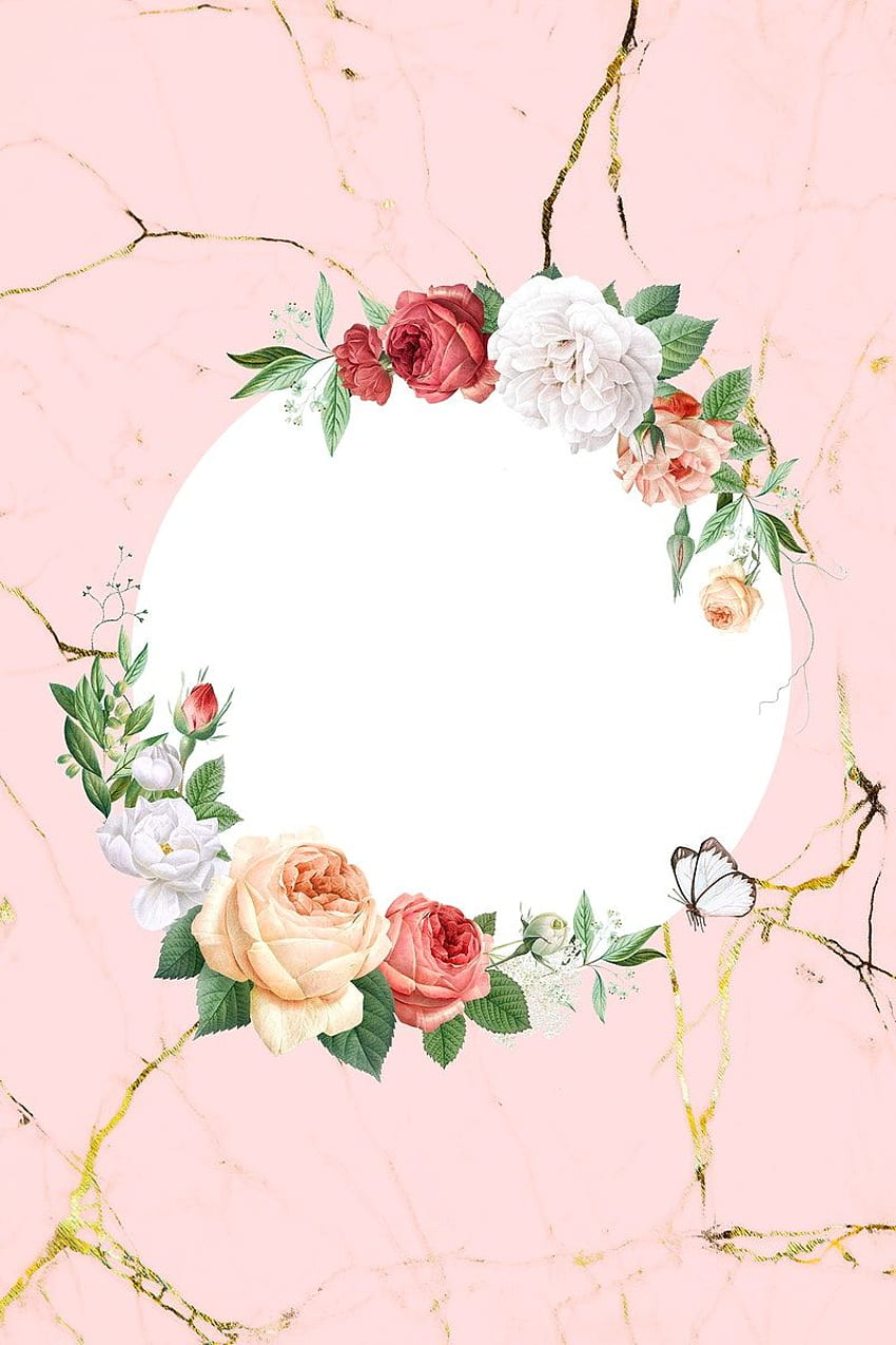 Floral round frame on a marble background illustration. by / PLOYPLOY in 2021. Vintage flowers , Floral poster, Rose illustration HD phone wallpaper