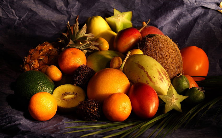 Fruits, Food, Lime, Cloth, Table, Garnet, Pomegranate, Coconut, Pineapple, Grapefruit, Pear, Mango, Mandarin, Tangerine HD wallpaper