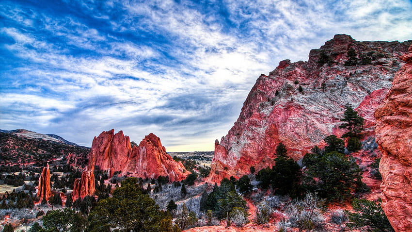 fantástico cañón de roca roja, cañón, rojo, árboles, cielo, rocas fondo de pantalla