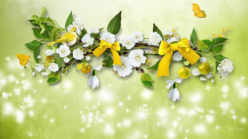 แสงแดดในฤดูร้อน นก ริบบิ้น คันธนู ดาว ฤดูใบไม้ผลิ ฤดูร้อน ผีเสื้อ ดอกไม้ สดใส ระยิบระยับ สีเหลือง ดอกไม้ บุปผา วอลล์เปเปอร์ HD