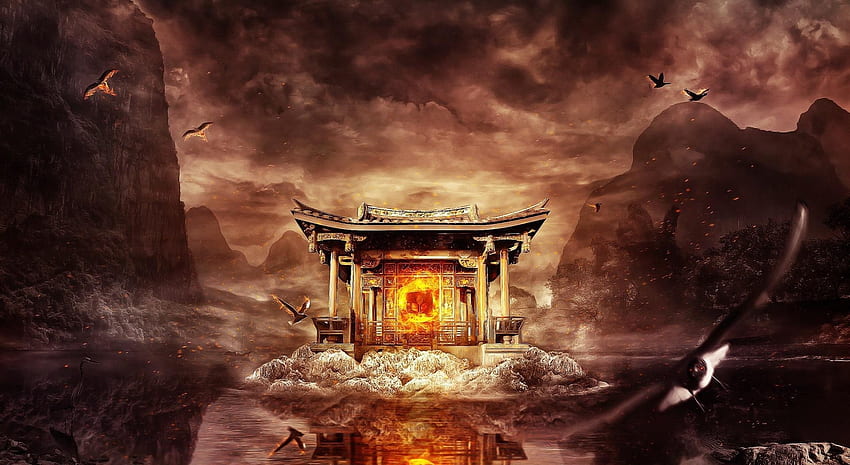 Vögel, Wasser, Fantasie, Berge, Feuer, Flug, Tempel HD-Hintergrundbild