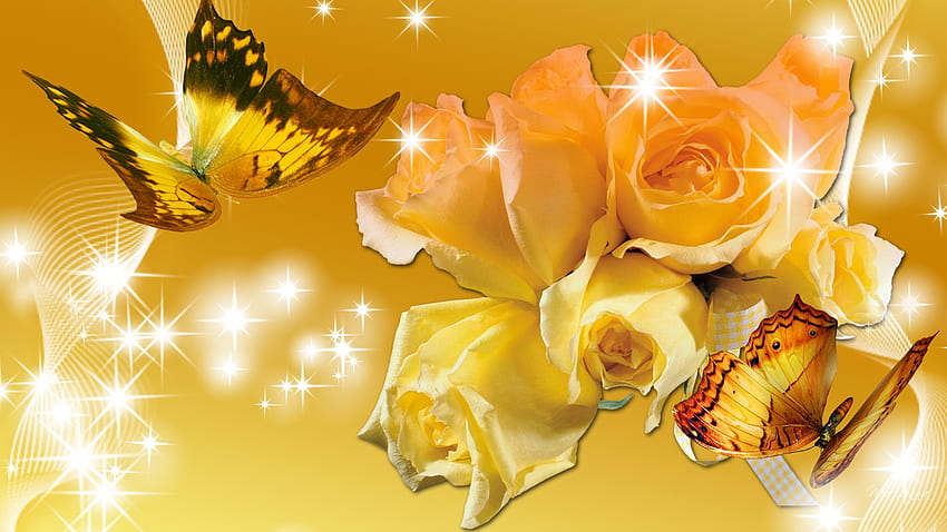 Giallo amorevole, farfalle, rose, personaggio firefox, giallo, fiori, stelle, scintillii, oro Sfondo HD