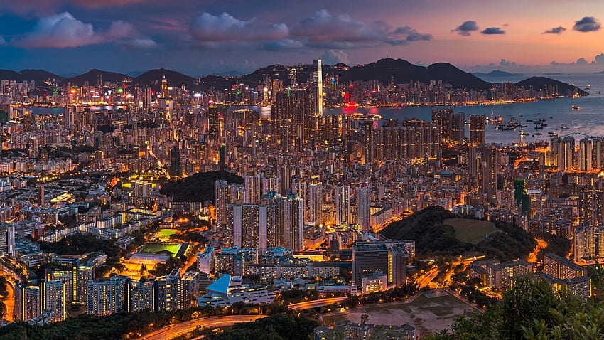 Beautiful city night, Hong Kong, China, buildings, lights, Chinese Building HD wallpaper