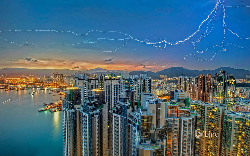 Lightning over Kowloon, Hong Kong - Bing HD wallpaper