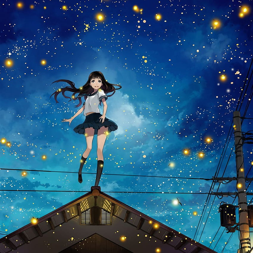 Anime-langes Haar-Mädchen in der Stadt-Nacht HD-Handy-Hintergrundbild