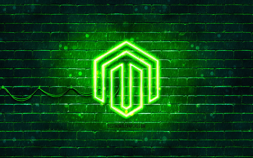 Magento zielone logo, , zielony mur, logo Magento, marki, neonowe logo Magento, Magento Tapeta HD
