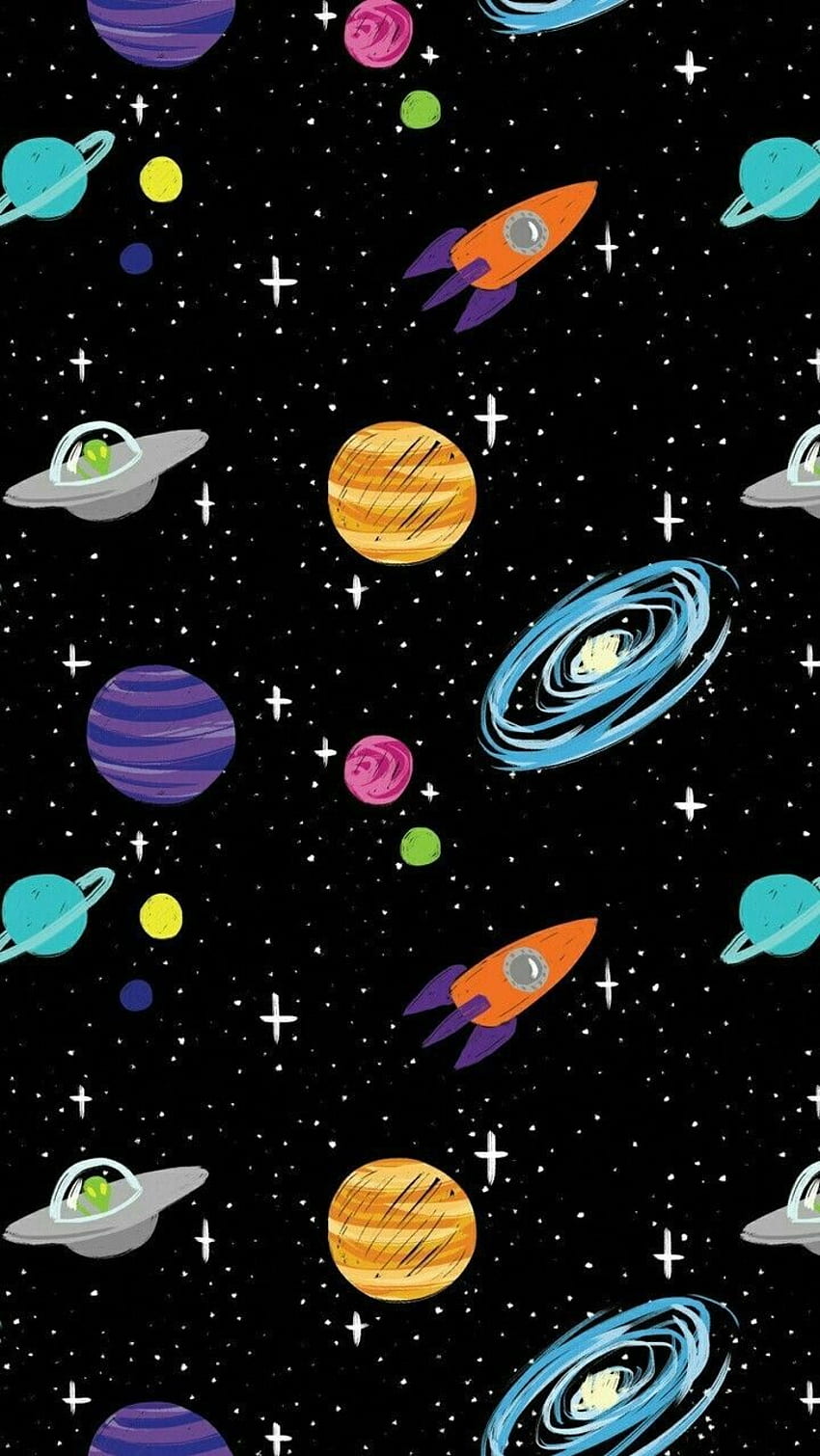 Space Cartoon Aliens Rocket Ships Planeten Galaxy IPhone, Cartoon-Raumschiff HD-Handy-Hintergrundbild