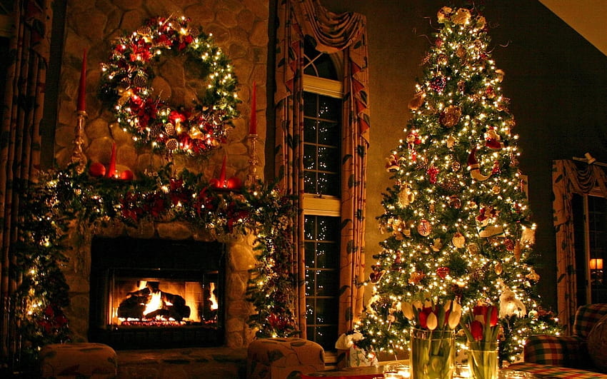 árbol de navidad, adornos, chimenea, vacaciones, y , 1440x900 Navidad fondo de pantalla
