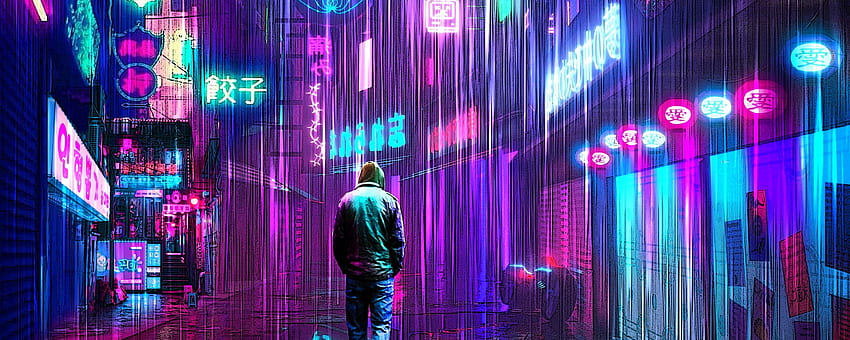 แสงฝนนีออน Cyberpunk, Neon Dual Monitor วอลล์เปเปอร์ HD