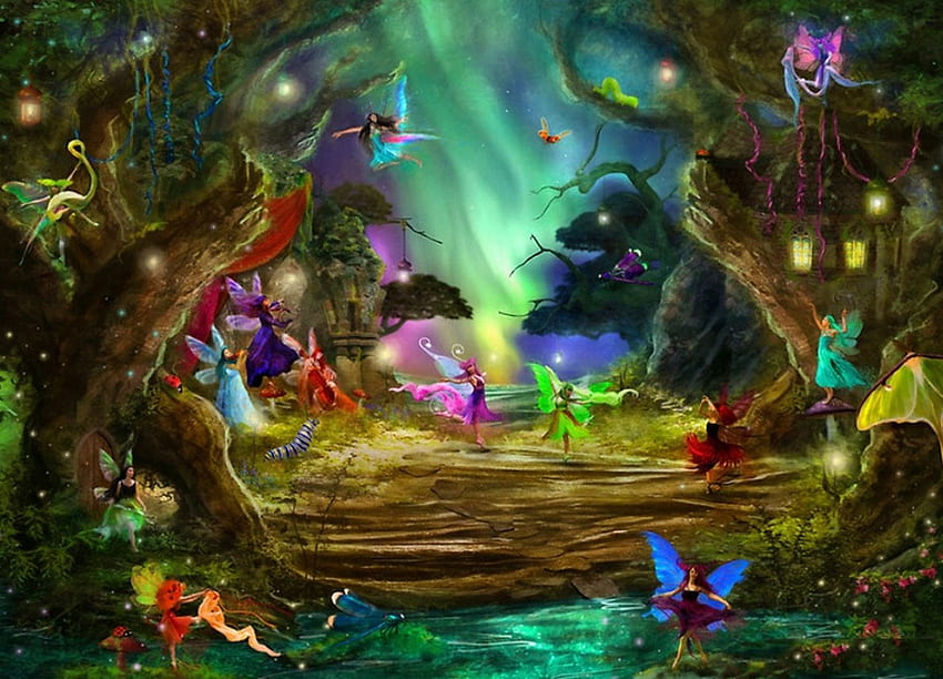 Les aurores dansantes, fée, danse, magie, conte, forêt Fond d'écran HD
