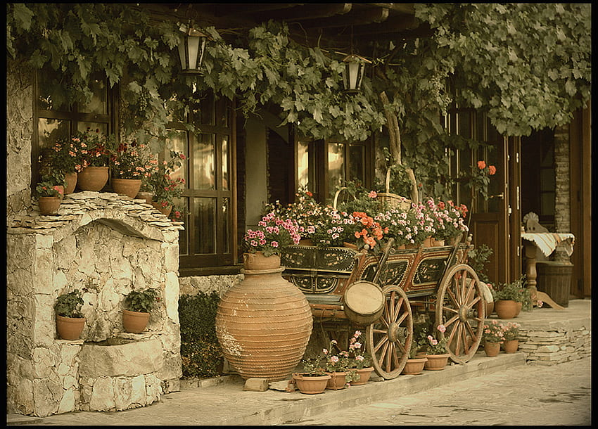Flower Cart, architecture, graphy, house, old, bulgaria, street, stone, road, nature, flowers, pott HD wallpaper