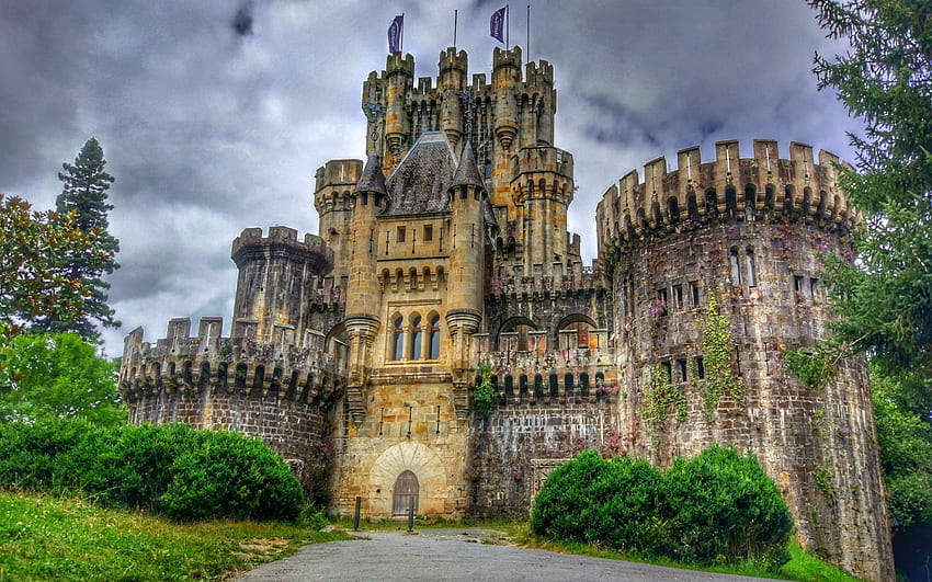 Château de Butron, Espagne, Espagne, médiéval, nuages, château Fond d'écran HD
