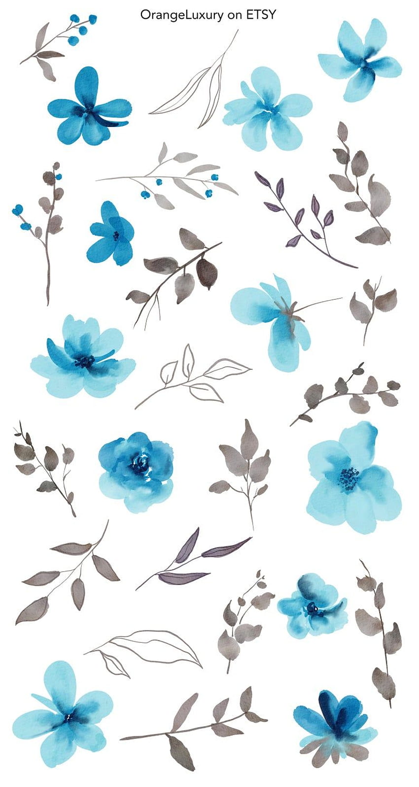 블루 수채화 꽃 클립 아트 푸른 꽃 회색 잎. Etsy in 2020. Blue watercolor floral, 파란 꽃 , 파란 꽃 HD 전화 배경 화면