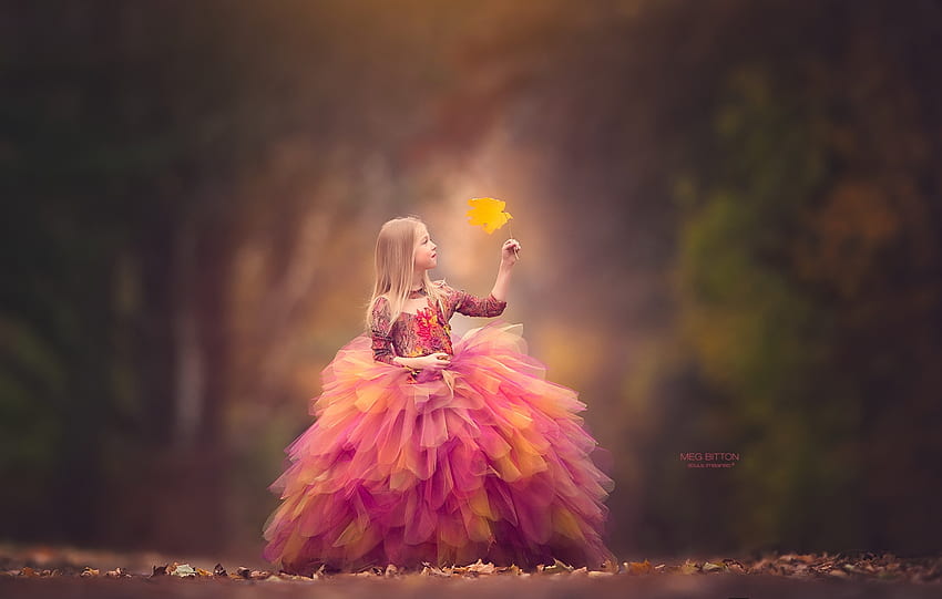 Little beauty, girl, dress, copil, pink, meg bitton, yellow, autumn, leaf, child HD wallpaper