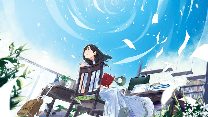 Chica anime, Sala abierta, Lectura, Sonrisa, Viento, Cielo para panorámica, Chica anime Lectura fondo de pantalla