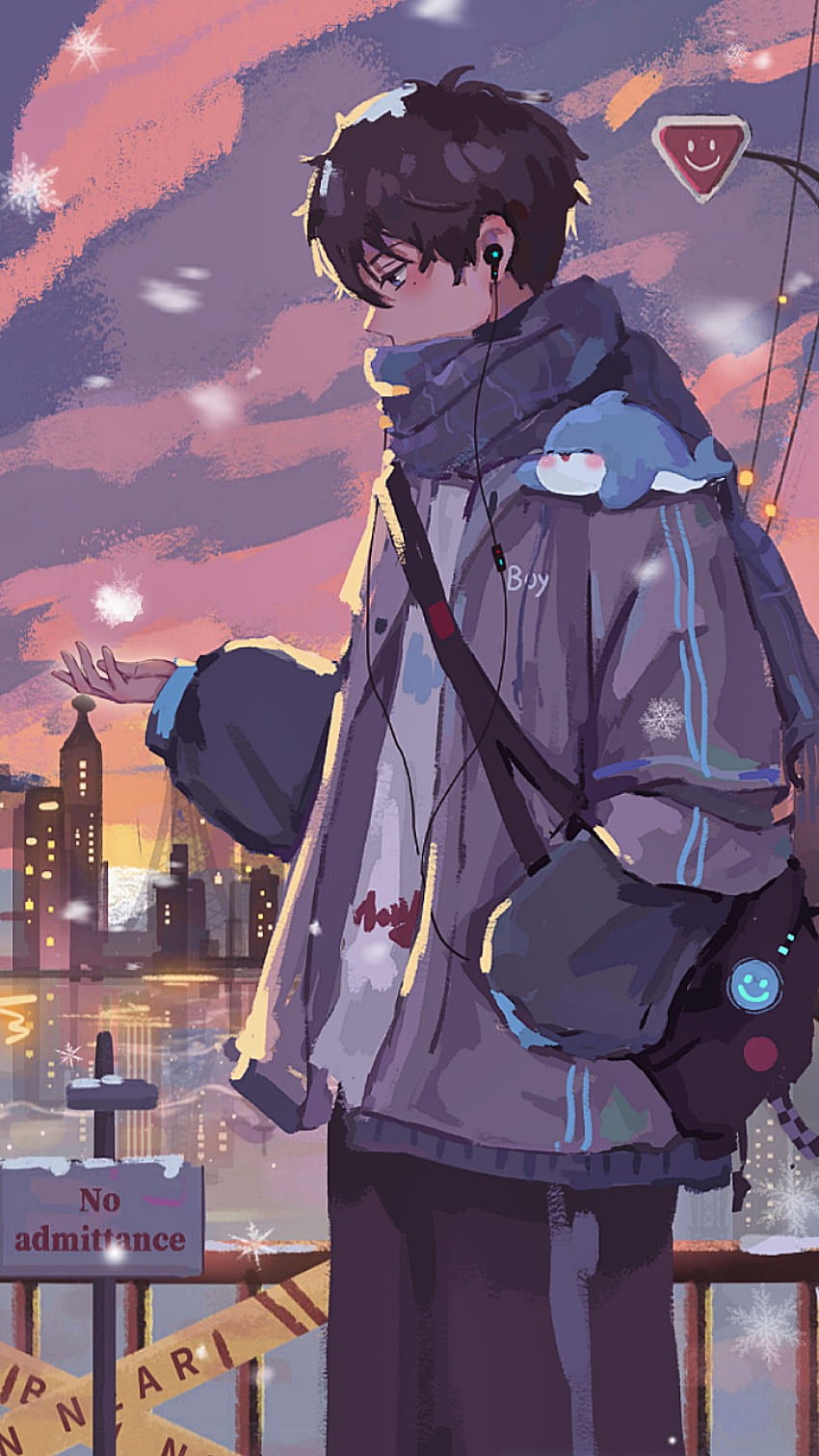 Anime boy, noadmittance, city, snow, jacket, stuffedtoy, winter, earphones, smiley HD phone wallpaper
