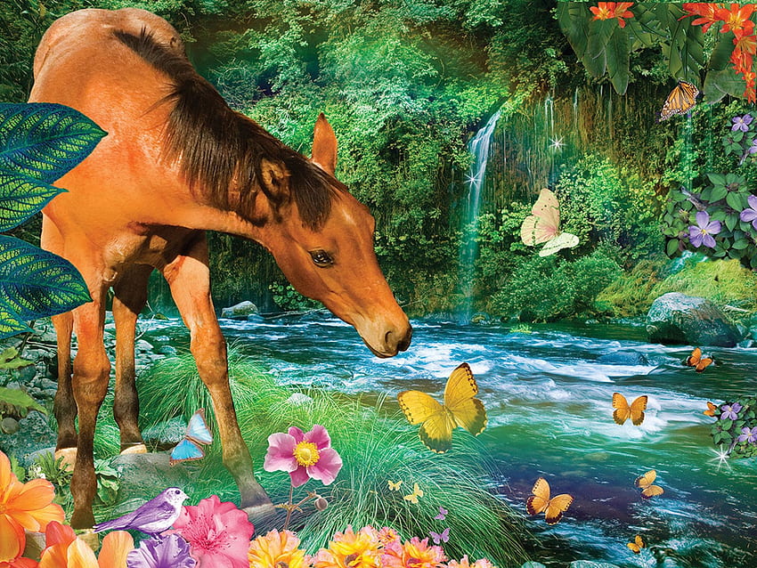 Little Brown Horse, flowers, bird, river, butterflies, digital, art HD wallpaper