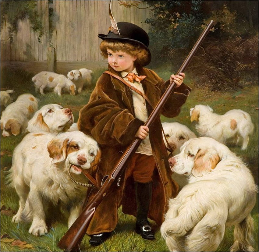Gembala, anjing, lukisan, anak laki-laki, seni, domba Wallpaper HD