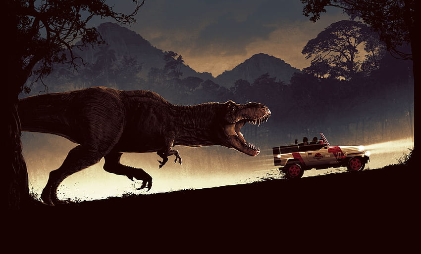 Samochód, Dinozaur, Park Jurajski, Tyrannosaurus Rex i Tło, Minimalistyczny Park Jurajski Tapeta HD