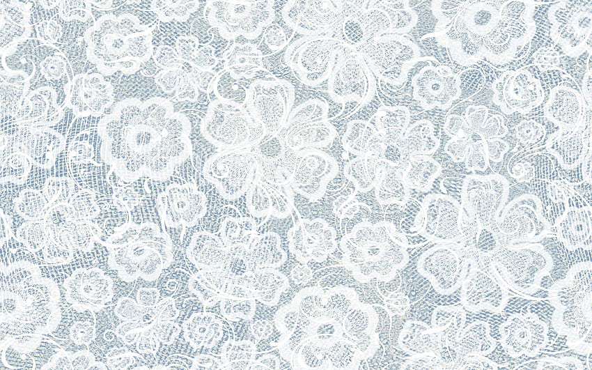 kwiatowy wzór koronki, niebieskie tło kwiatowy, biała kwiecista koronka, makro, tekstury koronek, wzory koronek z rozdzielczością. Wysoka jakość Tapeta HD