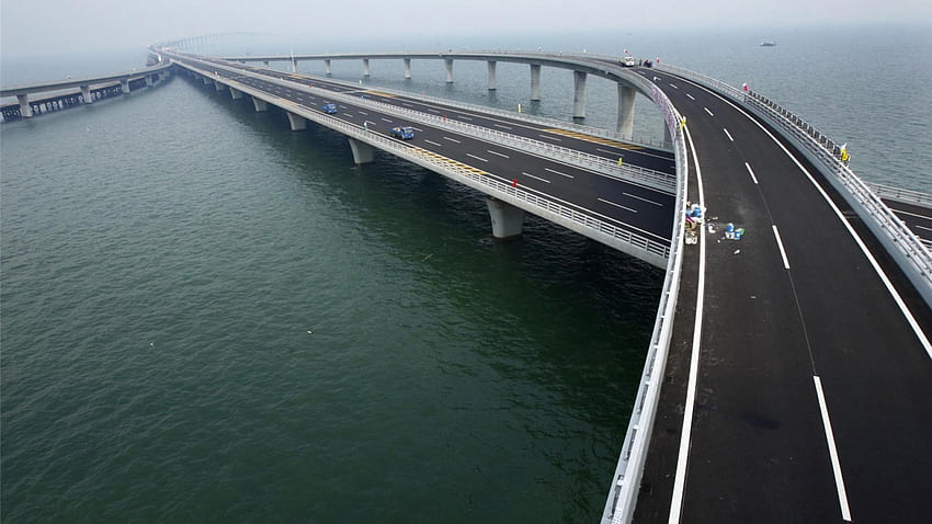 рампи към най-дългия мост в света, залив, рампи, асфалт, коли HD тапет