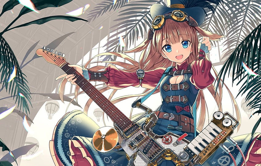 Palma, guitar, dress, glasses, girl, blue eyes, parachute, Steam punk for , section прочее, Punk Anime Girl HD wallpaper