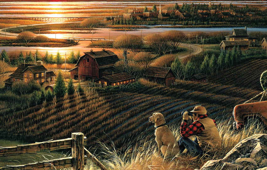 поле, есен, залез, мост, река, дом, куче, вечерта, бинокъл, , прелетни птици, най-добри приятели, Тери Редлин за , раздел живопись, Картина във ферма HD тапет