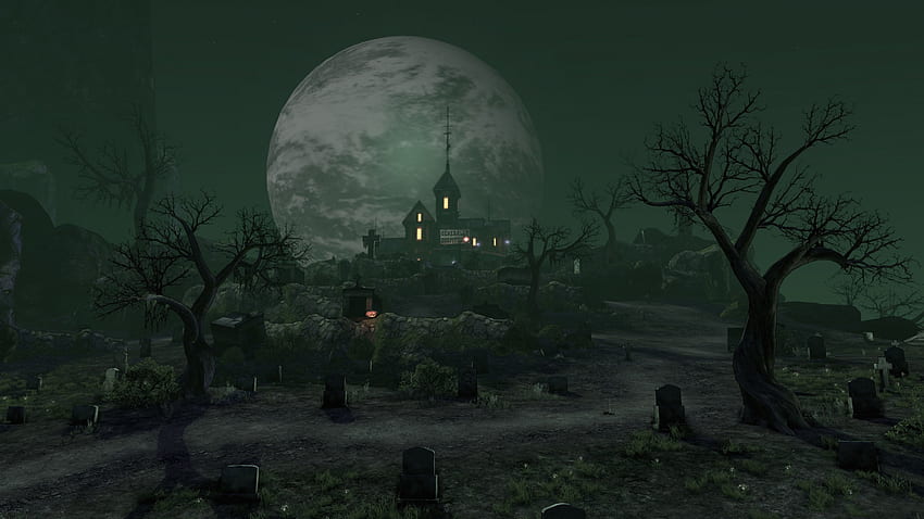 Haunted Cemetery, full moon, cemetery, tombstones, hospital, graves, graveyards, moon, haunted, lights, crypts, Halloween, pumpkin, trees, crosses, jack o lantern, hill HD wallpaper
