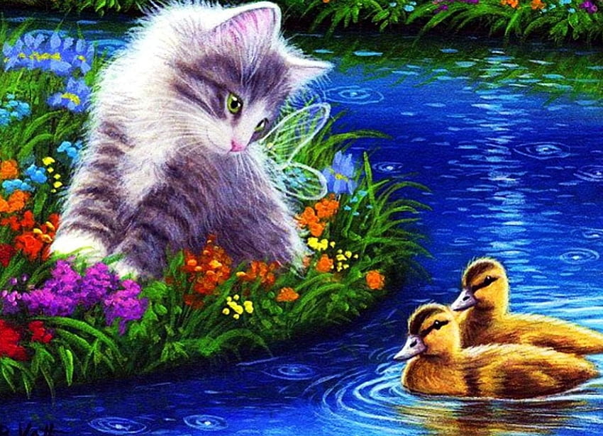 Teman, karya seni, sungai, bebek, lukisan, kucing, bunga Wallpaper HD