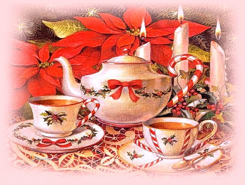 Proszę przyjść na herbatę, filiżanki, dzbanek do herbaty, herbatę, poinsecję, Boże Narodzenie, świece, laski cukierków, motyw świąteczny Tapeta HD