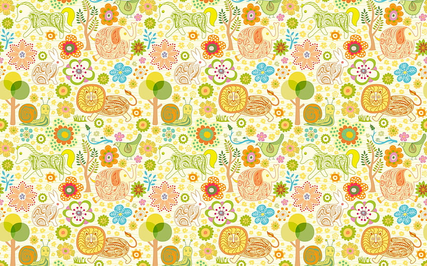 テクスチャ、青、黄、花、緑、紙、子供、パターン 高画質の壁紙