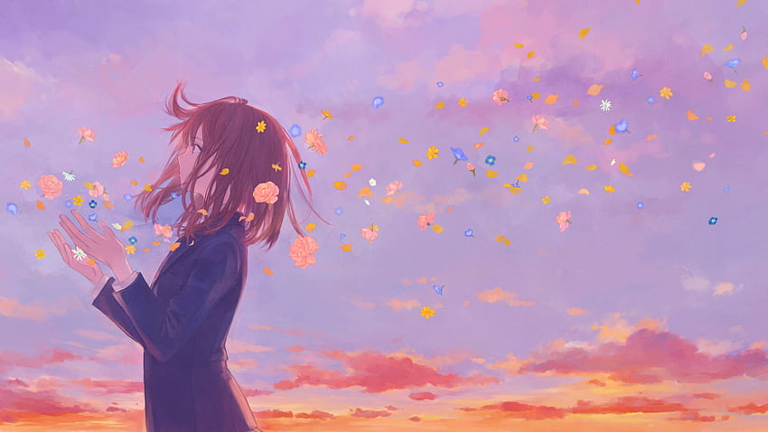 Anime Girl School Uniform Flowers Clouds Resolution , , Background, and, Anime Happy Girl HD wallpaper