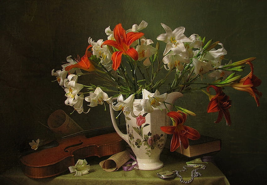 Stillleben, Grafik, Vase, Farben, schön, Geige, Lilie, Buch, hübsch, Blütenblätter, Blumen, Uhr, Lilien HD-Hintergrundbild