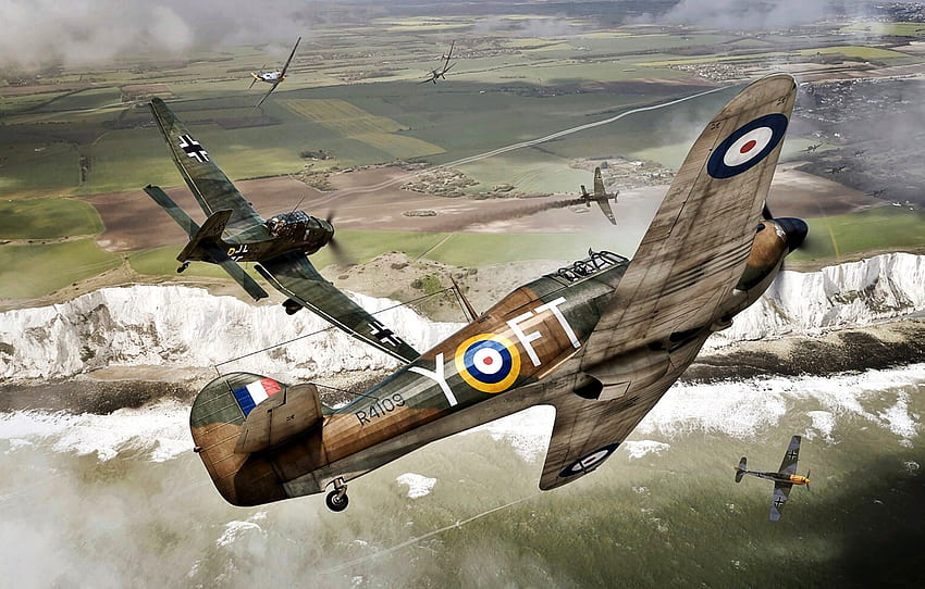Battle of Britain, 1940, Bf.109E, WWII, Hawker Hurricane Mk.I, The white cliffs of Dover, Ju.87B, 43 Sqn RAF for , section авиация HD wallpaper