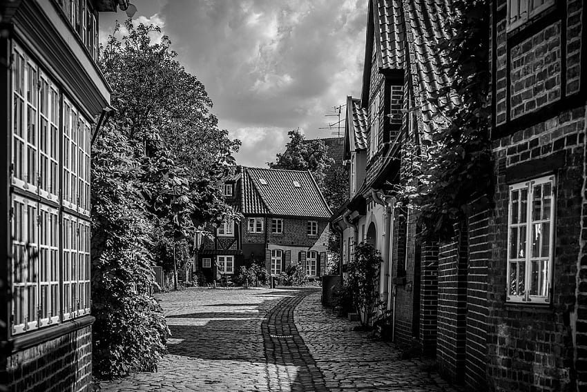 architecture, black and white, building, daylight, exterior, facade, home, house, old town, outdoors, pavement, plants, road, street, town, village, vintage, windows HD wallpaper
