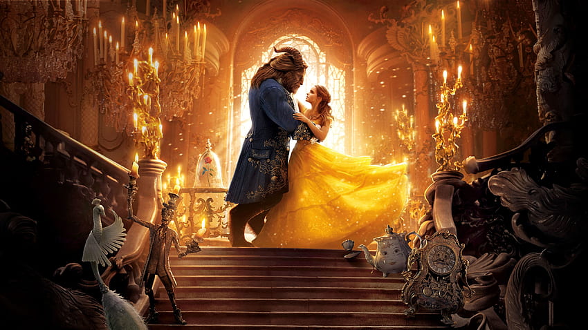 Beauty and the Beast, Belle, Gold Dress, Disney, Beast, Stairs, Live Action HD wallpaper