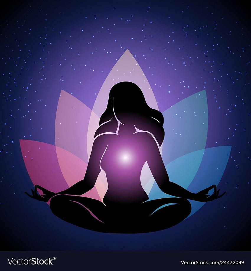 Siluet manusia dalam pose Yoga dengan latar belakang bunga teratai dan langit malam. Ilustrasi vektor. . Seni desain mandala, spiritual, lukisan yoga wallpaper ponsel HD