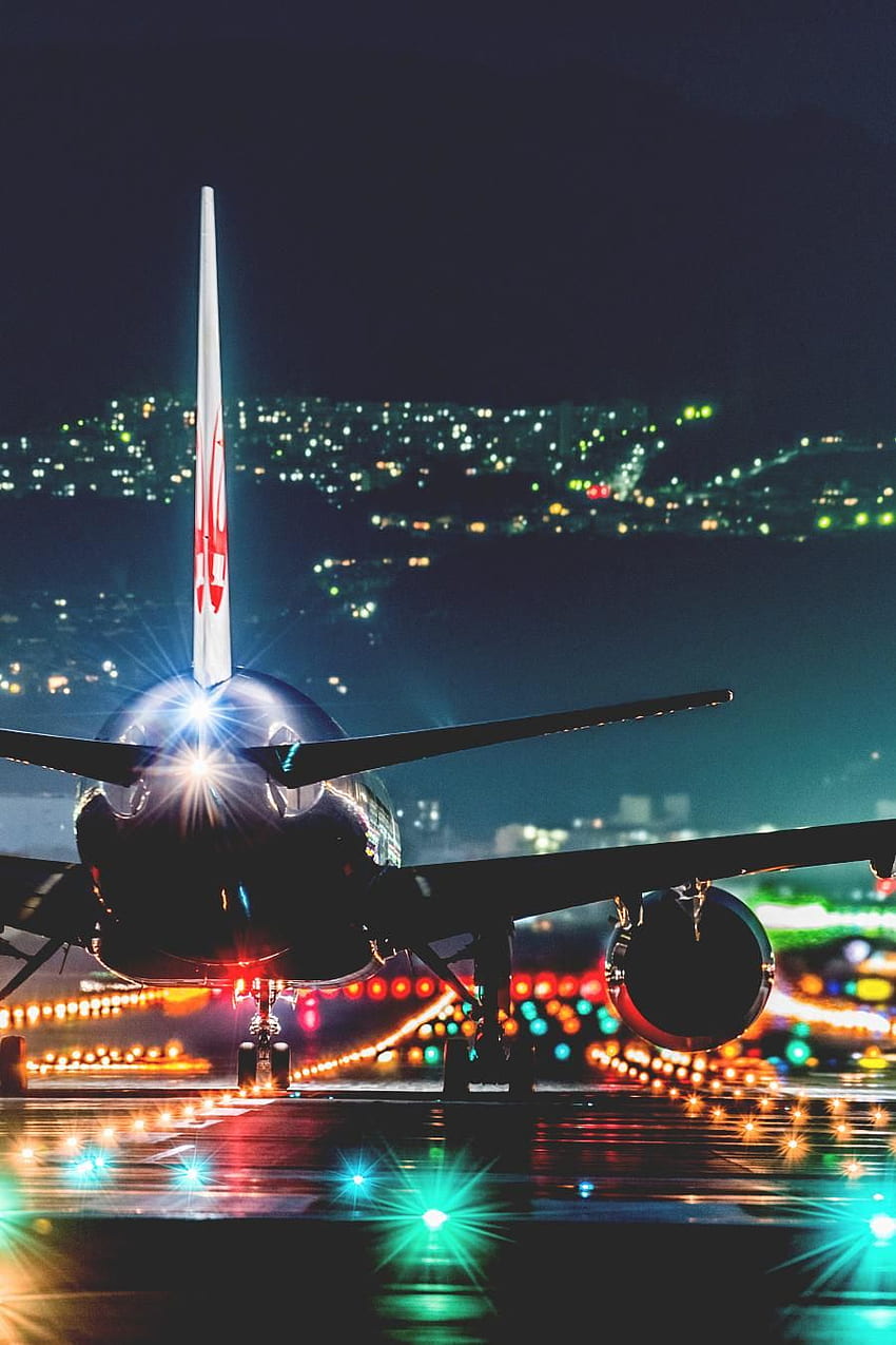 Полет Нощ Летище Писта Светлини Boeing Airbus - Полет HD тапет за телефон