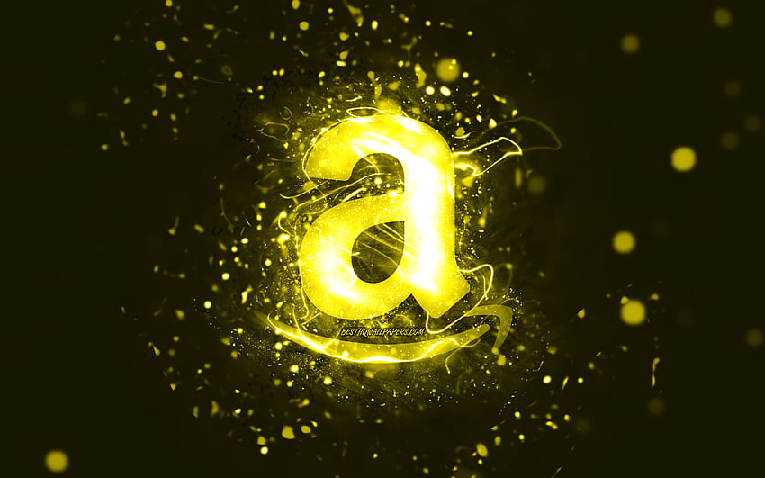 Amazon yellow logo, artwork, yellow neon lights, creative, yellow abstract background, Amazon logo, brands, Amazon HD wallpaper